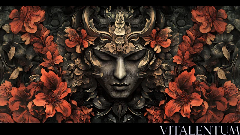 Symmetrical floral-enveloped face with ornate botanical detailing.