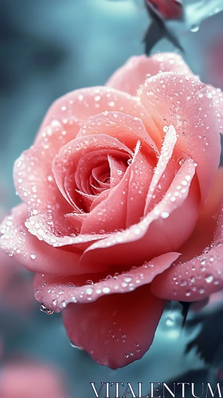 Pink rose with dew droplets on petals and foliage.