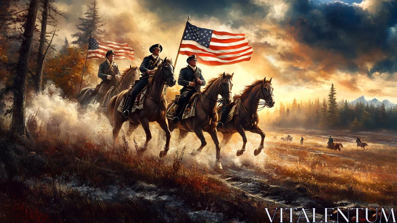 Mounted soldiers carrying US flags in autumn landscape.