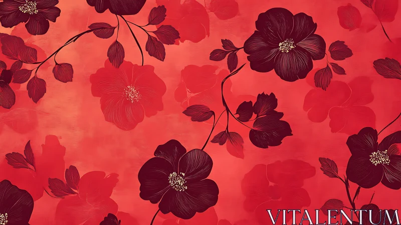 Red Floral Background with Botanical Elements