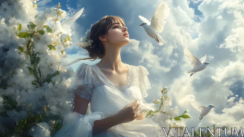 Ethereal bride among white doves in sunlit clouds.