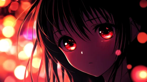 Luminous anime girl portrait amid crimson bokeh lights.