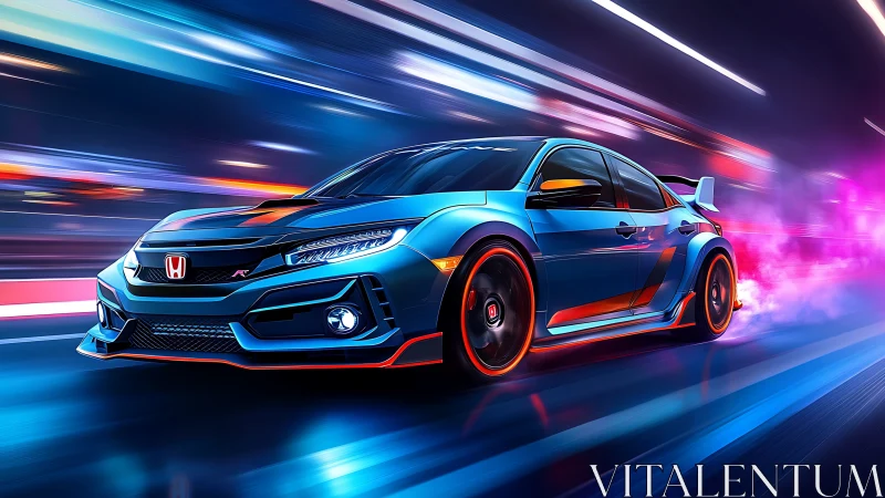 Neon-lit Honda hot hatch racing through futuristic cityscape