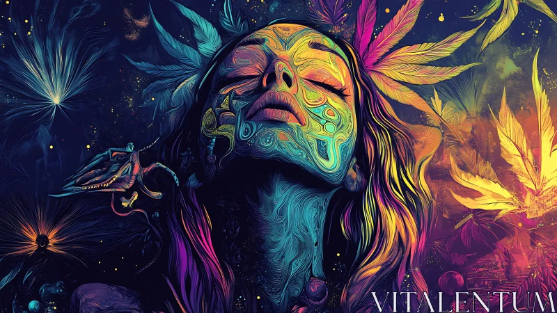 Dreamy cosmic portrait glowing with swirling neon energy.