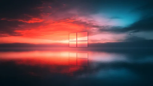 Digital sunset horizon with glowing portal reflection.