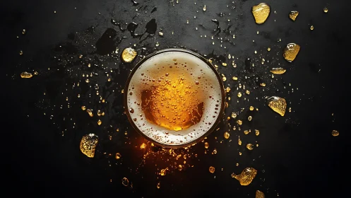 Top-down view of beer glass with scattered droplets.