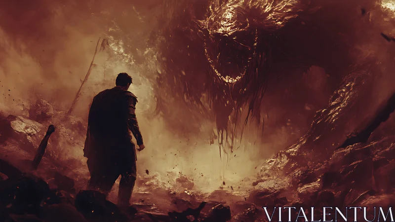 Lone cloaked warrior confronting molten smokelike abyssal demon