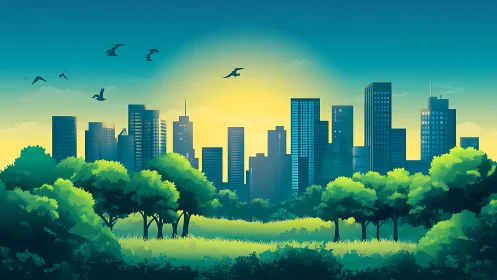 Urban skyline with foreground parkland under sunrise light.