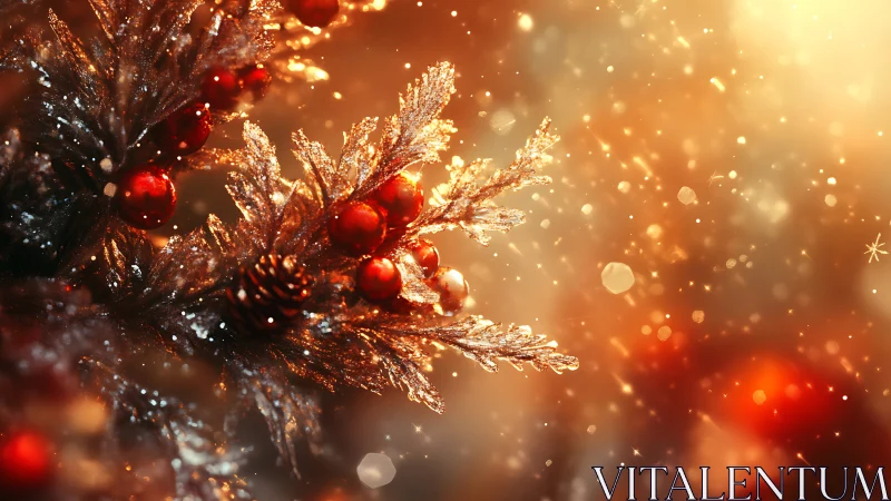 Macro view of frosted pine branch with red berries in warm bokeh