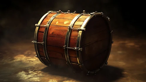 Vintage wooden bass drum under dramatic studio spotlight.