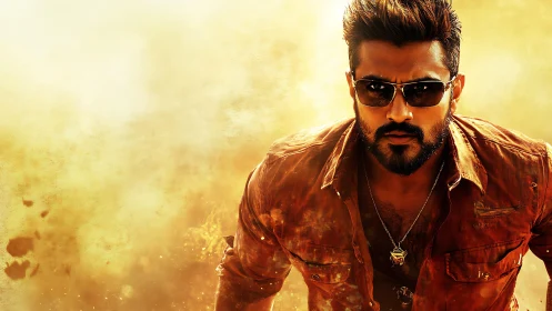 Male figure in sunglasses against yellow dust background.