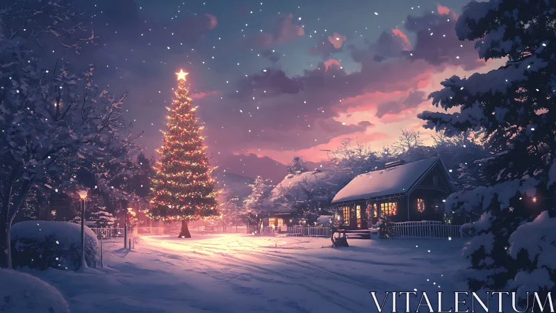 Snowy outdoor hearth scene with resting Santa and lit tree