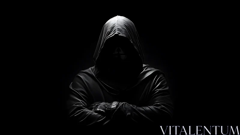 Shadowed hooded figure waits calmly in dramatic darkness