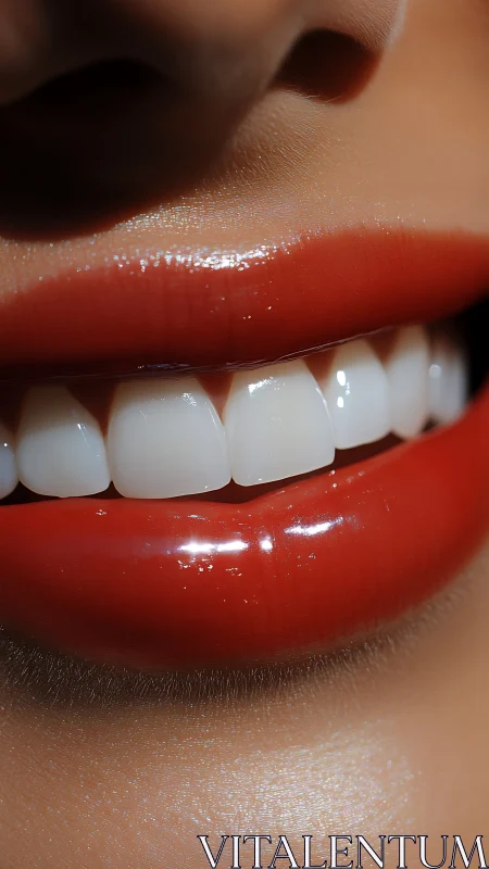 Close-up of glossy red lips and aligned teeth in macro portrait