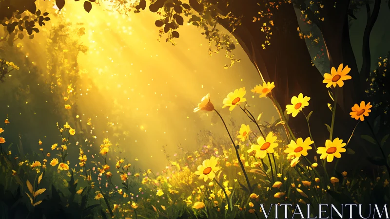 Golden sunlight dances gently over a peaceful wildflower grove