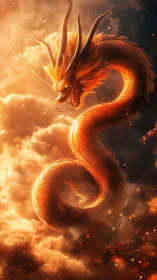 Fiery serpentine dragon coiling through glowing clouds.
