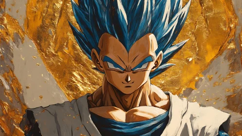 Blue-haired warrior poised before molten gold storm backdrop.