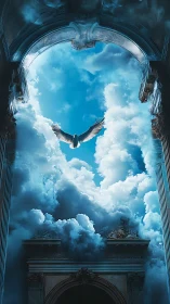 Soaring dove framed by baroque archway and radiant clouds.