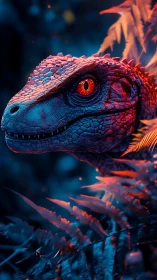 Bioluminescent raptor portrait in neon jungle dusk.