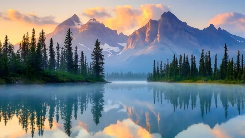 Glacial peaks reflect in misty alpine lake with mirrored conifers