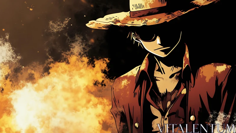 Straw hat figure in stylized flames against dark background.