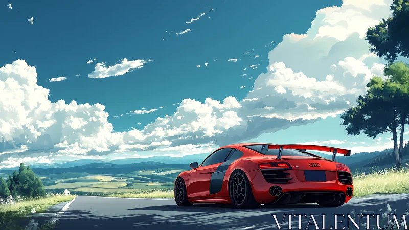 Red sports car on open country road under wide sky.