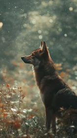 Gentle woodland dog pausing in drifting forest light.