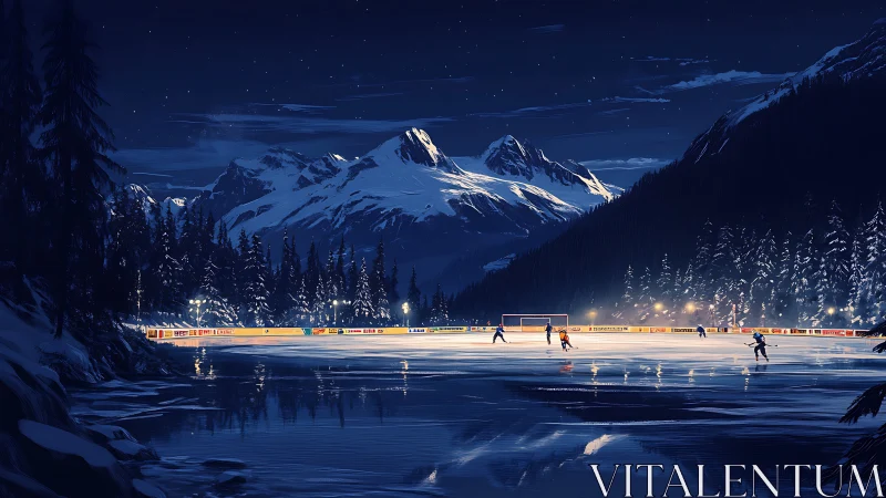 Nighttime outdoor ice hockey game in snowy mountain valley.