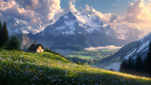 Mountain valley with sunlit meadow and solitary chapel