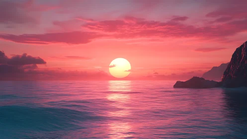 Hyperreal coastal sunset over calm magenta reflective sea