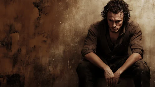 Brooding man sits in shadow against distressed brown wall.