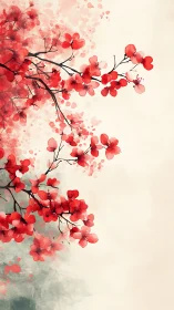 Red Blossoms on Delicate Branches in Watercolor Style.