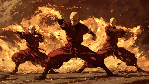 Fire Benders' Synchronized Combat Display Amid Raging Flames