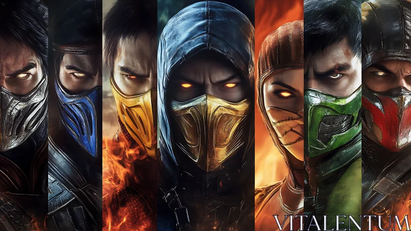 Masked combatants aligned in vertical segments with glowing eyes