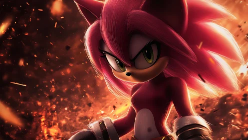 Flame-lit pink hedgehog warrior strides through emberstorm.