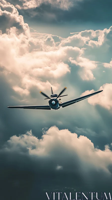 Single propeller warbird aligned on central axis in dramatic clouds