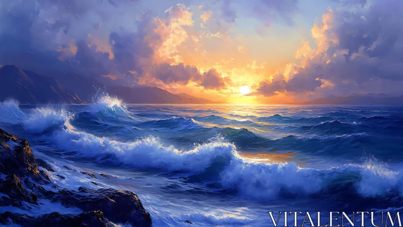 Sunlit waves crash toward rocky coast under glowing clouds