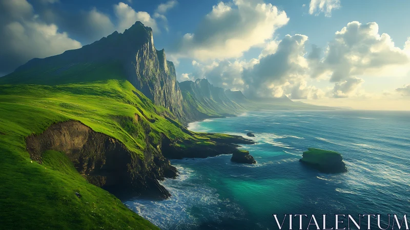 Alpine Coastal Peak with Verdant Slopes and Turquoise Waters.