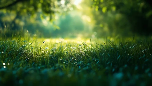 Sunlit Dewy Grass in a Tranquil Forest Morning Scene.