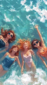 Summer friends floating in turquoise ocean waves joyfully.