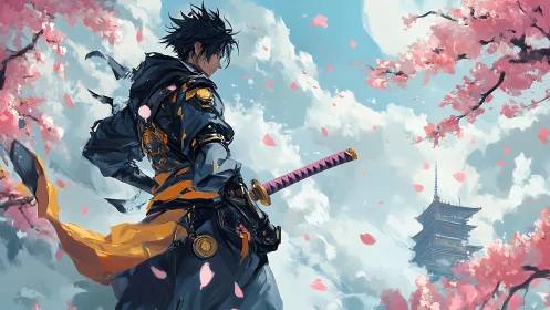 Samurai warrior stands under cherry blossoms facing distant pagoda