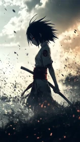 Storm-lit samurai girl walking through embers and twilight.