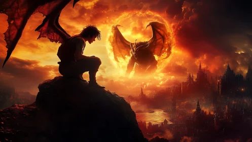 Fiery sky welcomes a winged guardian facing a blazing titan