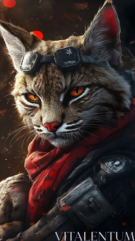 Battle-scarred feline ranger in tactical armor and red scarf.