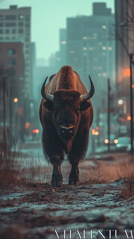 Solitary bison standing on urban street at winter dusk.