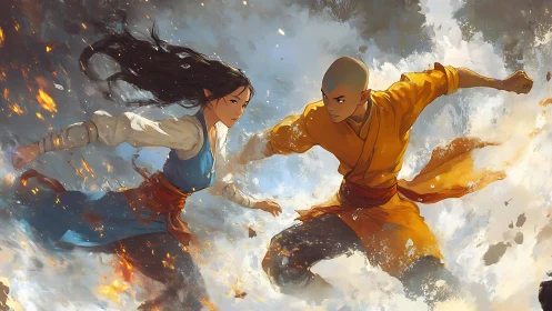 Dynamic elemental duel between two stylized martial artists.