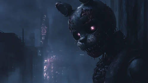 Rusted nightmare bunny stalks neon fogbound city edge.