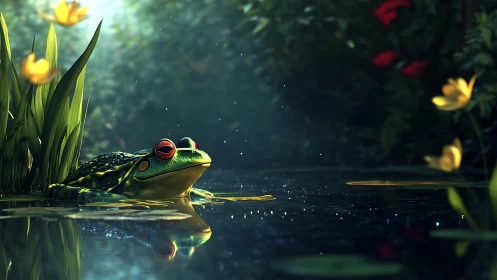 Green frog with red eyes in calm forest pond at dusk.