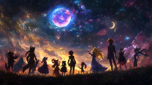 Silhouetted fantasy group under vivid cosmic night sky.