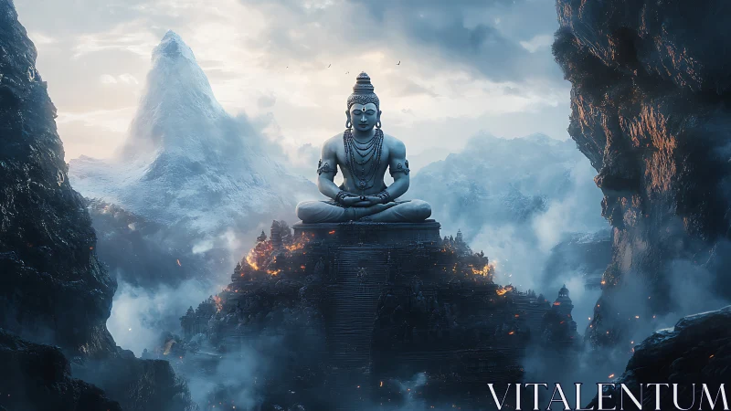 Monumental Shiva statue dominates mist-laden volcanic mountain basin